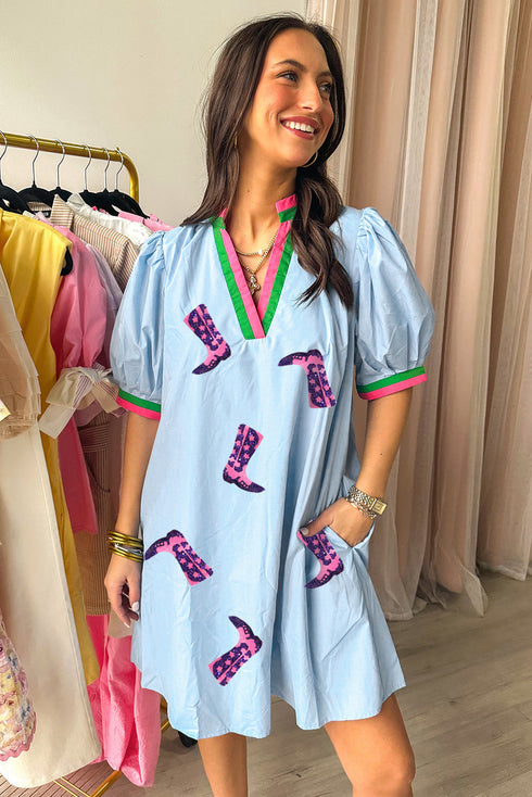 Sequined Cowgirl Boot Print Puff Sleeve V Neck Graphic Dress