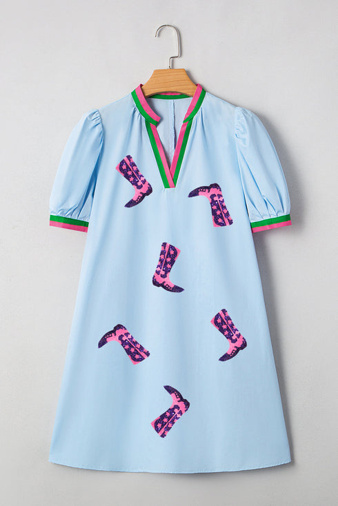 Sequined Cowgirl Boot Print Puff Sleeve V Neck Graphic Dress
