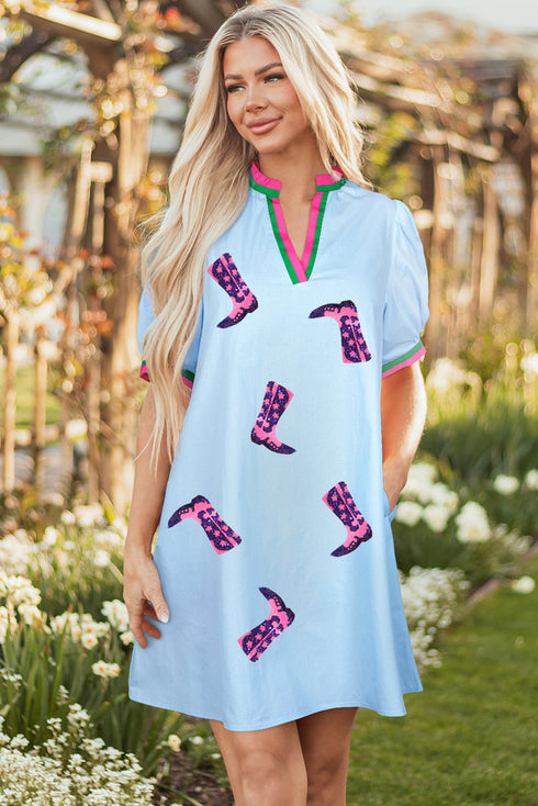 Sequined Cowgirl Boot Print Puff Sleeve V Neck Graphic Dress