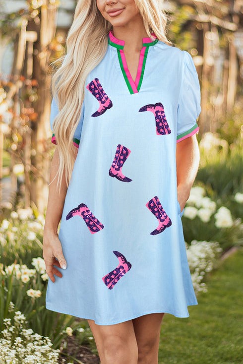 Sequined Cowgirl Boot Print Puff Sleeve V Neck Graphic Dress