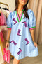 Sequined Cowgirl Boot Print Puff Sleeve V Neck Graphic Dress