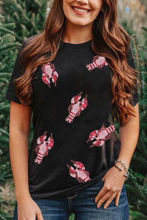 Sequined Crayfish Graphic Short Sleeve Crew Neck T Shirt