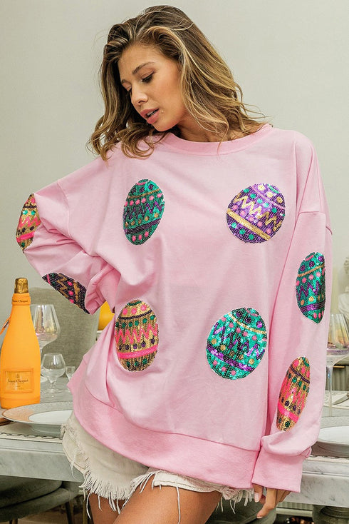 Sequined Easter Egg Drop Shoulder Oversized Sweatshirt