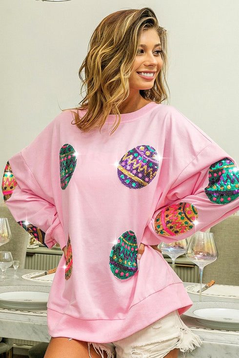 Sequined Easter Egg Drop Shoulder Oversized Sweatshirt