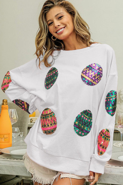 Sequined Easter Egg Drop Shoulder Oversized Sweatshirt