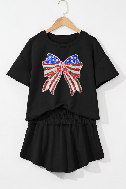 Sequined Flag Graphic Bow Detail Two Piece Skort Set
