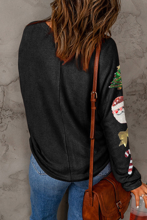 Sequined Graphic Long Sleeve Crewneck Pullover Tee
