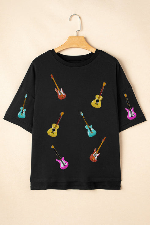 Sequined Guitar Graphic Dropped Shoulder Cotton Tee
