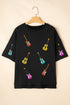 Sequined Guitar Graphic Dropped Shoulder Cotton Tee