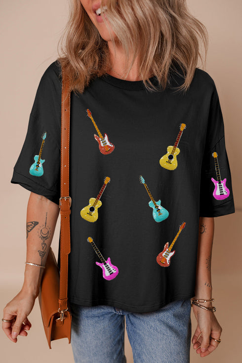 Sequined Guitar Graphic Dropped Shoulder Cotton Tee