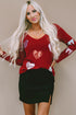 Sequined Heart Bow Graphic V Neck Long Sleeve Tee