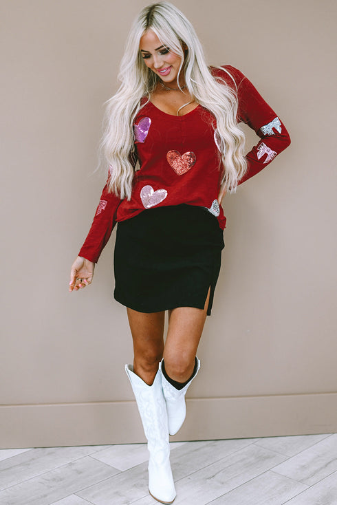 Sequined Heart Bow Graphic V Neck Long Sleeve Tee