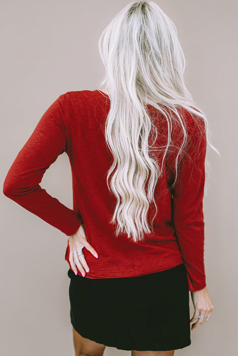 Sequined Heart Bow Graphic V Neck Long Sleeve Tee