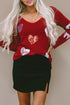 Sequined Heart Bow Graphic V Neck Long Sleeve Tee