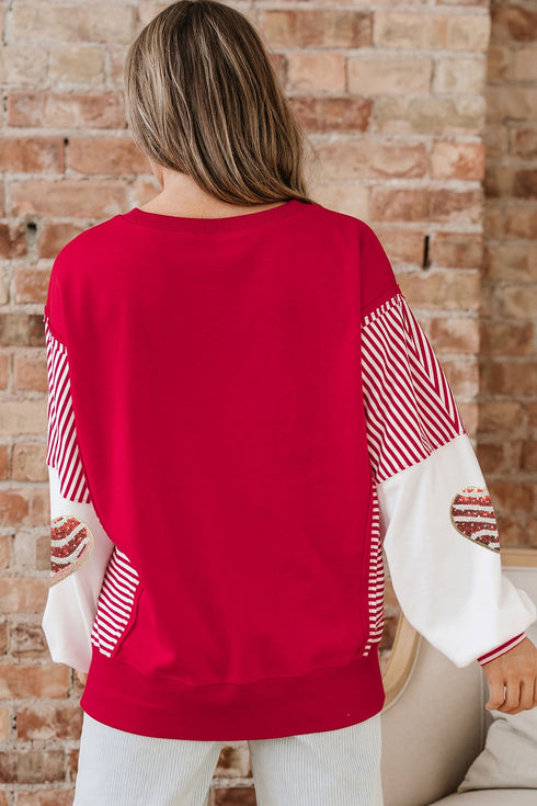 Sequined Heart Patch Mixed Print Pullover Sweatshirt