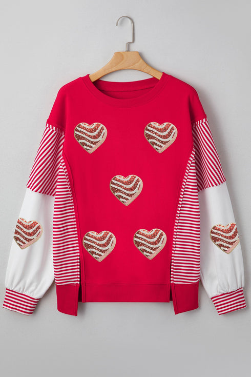 Sequined Heart Patch Mixed Print Pullover Sweatshirt