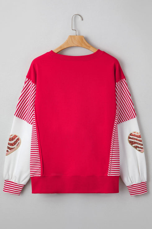 Sequined Heart Patch Mixed Print Pullover Sweatshirt
