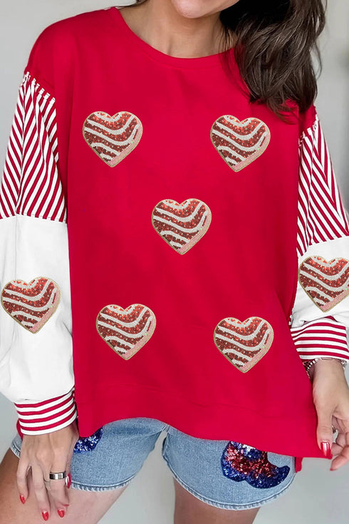 Sequined Heart Patch Mixed Print Pullover Sweatshirt