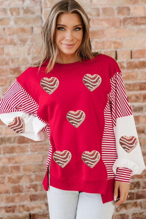 Sequined Heart Patch Mixed Print Pullover Sweatshirt