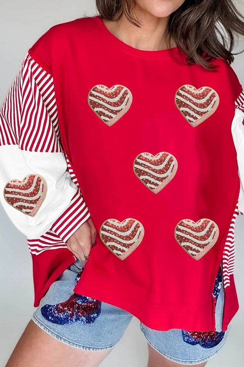 Sequined Heart Patch Mixed Print Pullover Sweatshirt