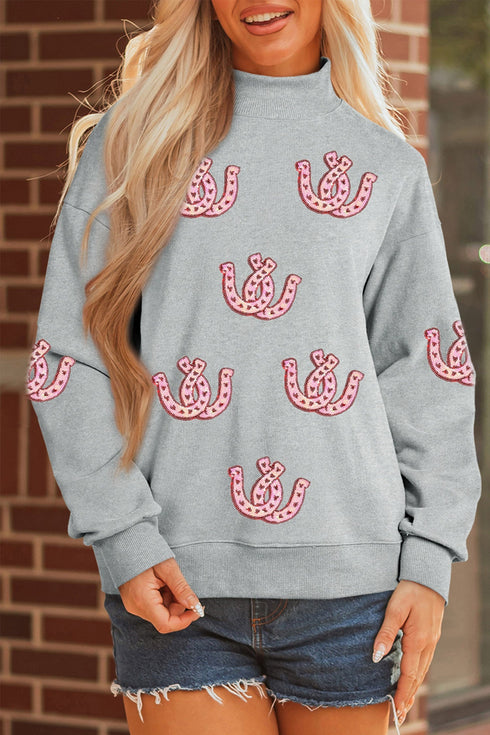 Sequined Horseshoe Graphic Mock Neck Baggy Silhouette Sweatshirt