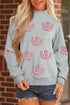 Sequined Horseshoe Graphic Mock Neck Baggy Silhouette Sweatshirt