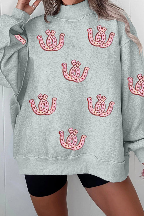 Sequined Horseshoe Graphic Mock Neck Baggy Silhouette Sweatshirt