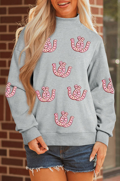 Sequined Horseshoe Graphic Mock Neck Baggy Silhouette Sweatshirt