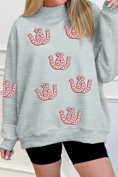 Sequined Horseshoe Graphic Mock Neck Baggy Silhouette Sweatshirt