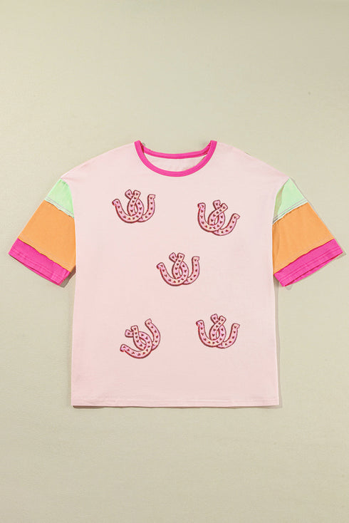 Sequined Horseshoe Graphic Patchwork Half Sleeve Tee