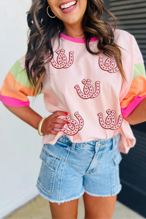 Sequined Horseshoe Graphic Patchwork Half Sleeve Tee
