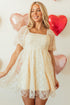 Sequined Lace Mesh Bubble Sleeve Square Neck Dress
