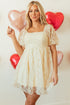 Sequined Lace Mesh Bubble Sleeve Square Neck Dress