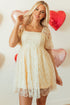 Sequined Lace Mesh Bubble Sleeve Square Neck Dress