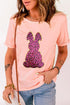 Sequined Leopard Print Bunny Graphic Short Sleeve Tee
