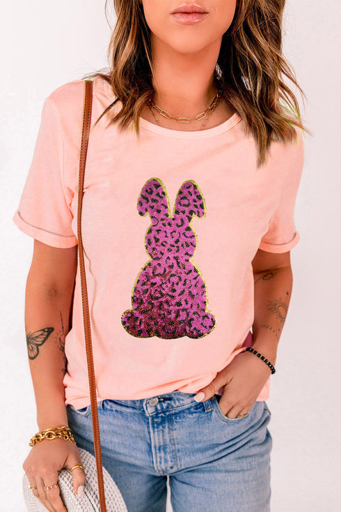 Sequined Leopard Print Bunny Graphic Short Sleeve Tee