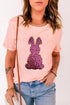 Sequined Leopard Print Bunny Graphic Short Sleeve Tee