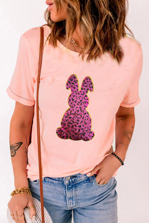 Sequined Leopard Print Bunny Graphic Short Sleeve Tee