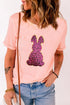 Sequined Leopard Print Bunny Graphic Short Sleeve Tee