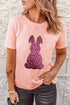 Sequined Leopard Print Bunny Graphic Short Sleeve Tee