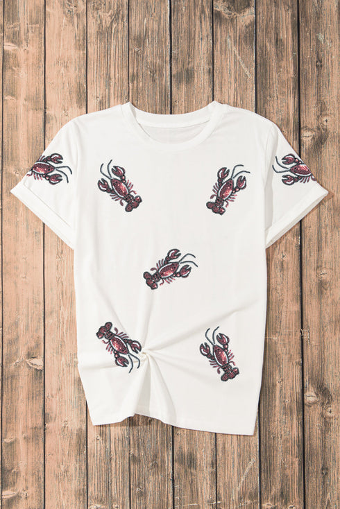 Sequined Lobster Graphic Ruffle Sleeve Crewneck Tee