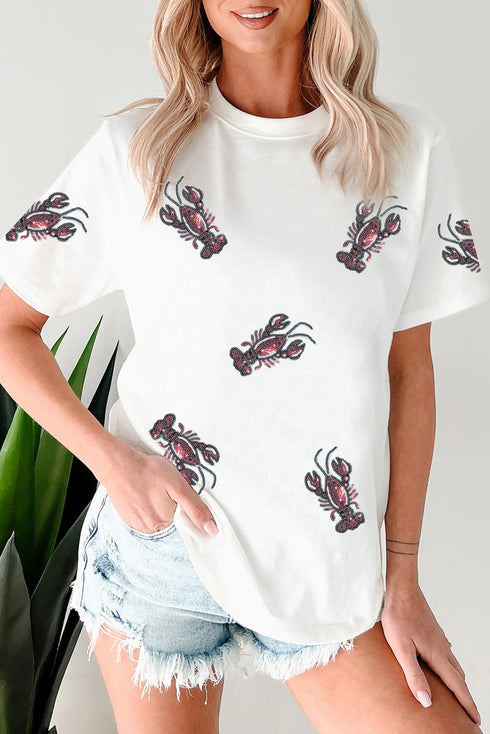 Sequined Lobster Graphic Ruffle Sleeve Crewneck Tee