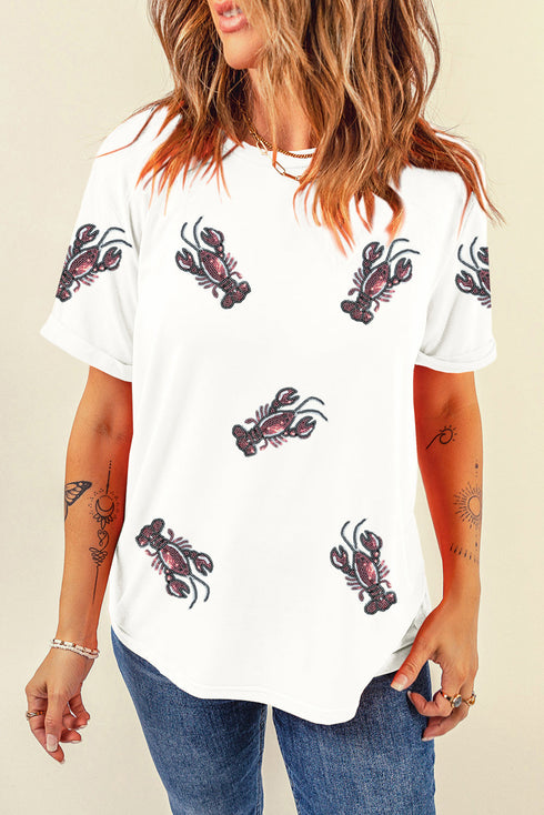 Sequined Lobster Graphic Ruffle Sleeve Crewneck Tee