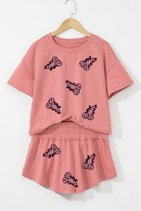 Sequined Lobster Patched Crop Tee High Waist Graphic Set