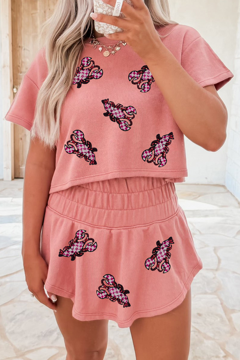 Sequined Lobster Patched Crop Tee High Waist Graphic Set