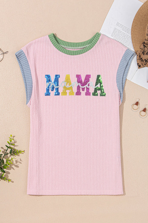 Sequined Mama Graphic Corded Ribbed Knit Short Sleeve Tee