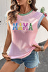 Sequined Mama Graphic Corded Ribbed Knit Short Sleeve Tee