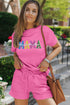 Sequined Mama Letter Print Textured Short Graphic Sets