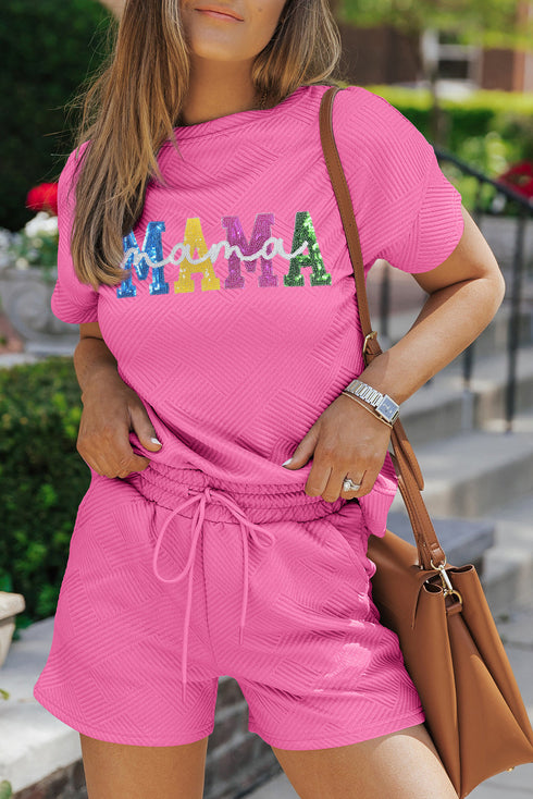 Sequined Mama Letter Print Textured Short Graphic Sets