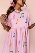 Sequined Music Note Raw Edge Babydoll Graphic Dress